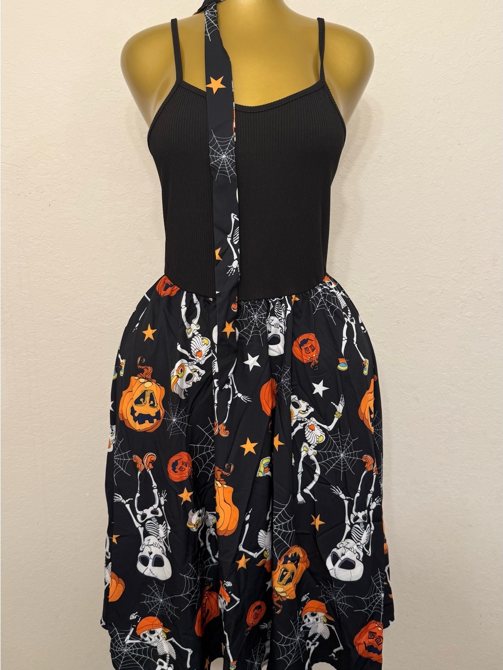 Women’s Halloween Pumpkin & Skeleton Dress with Tie - Black and Orange